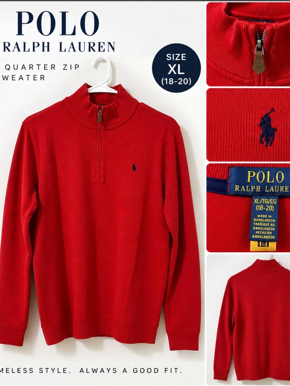 Polo Ralph Lauren Big Boy’s Red 1/4 Zip Sweater Navy Pony XL (18-20)
